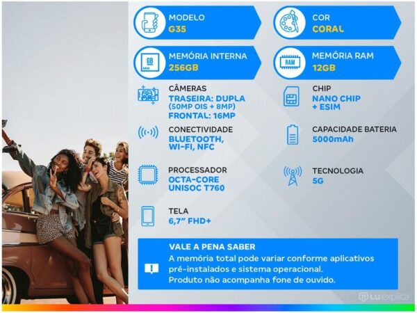 Smartphone Motorola Moto G35 256GB Coral 5G 4GB RAM+8GB Ram Boost 5G 6,7" Câm. Dupla + Selfie 16MP - Imagem 3